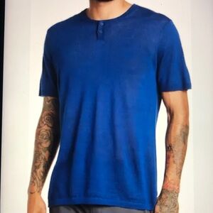 Autumn Cashmere Blue Slub Cotton-Linen Blend Henley Short Sleeves Size XL